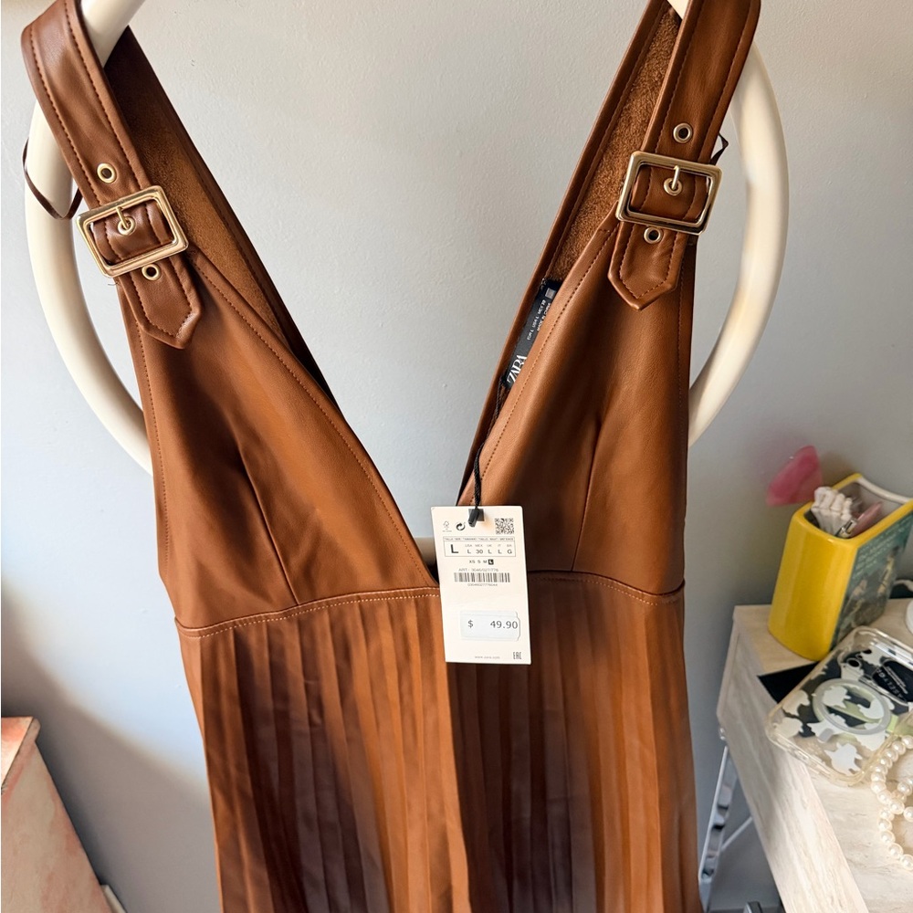 Zara Tan Faux Leather Pleated Pinafore Dress